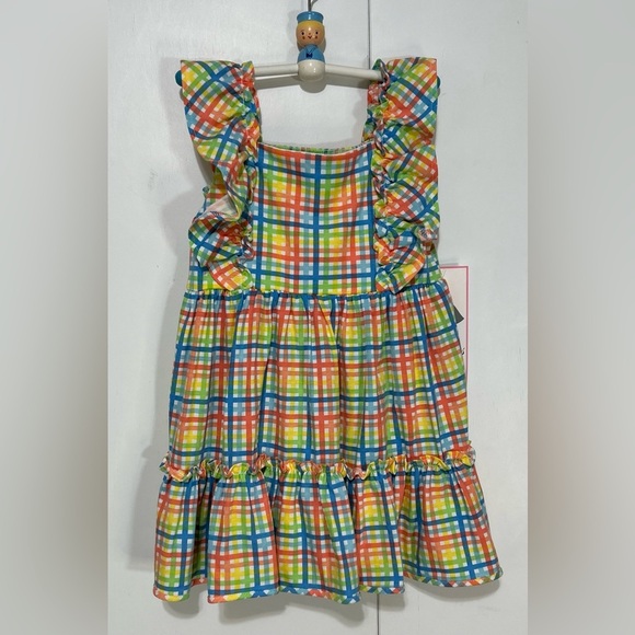 Rare Editions Little Girl Coral Multi Colored Checked Ruffle Sleeve Dress Size 5 - Picture 1 of 10